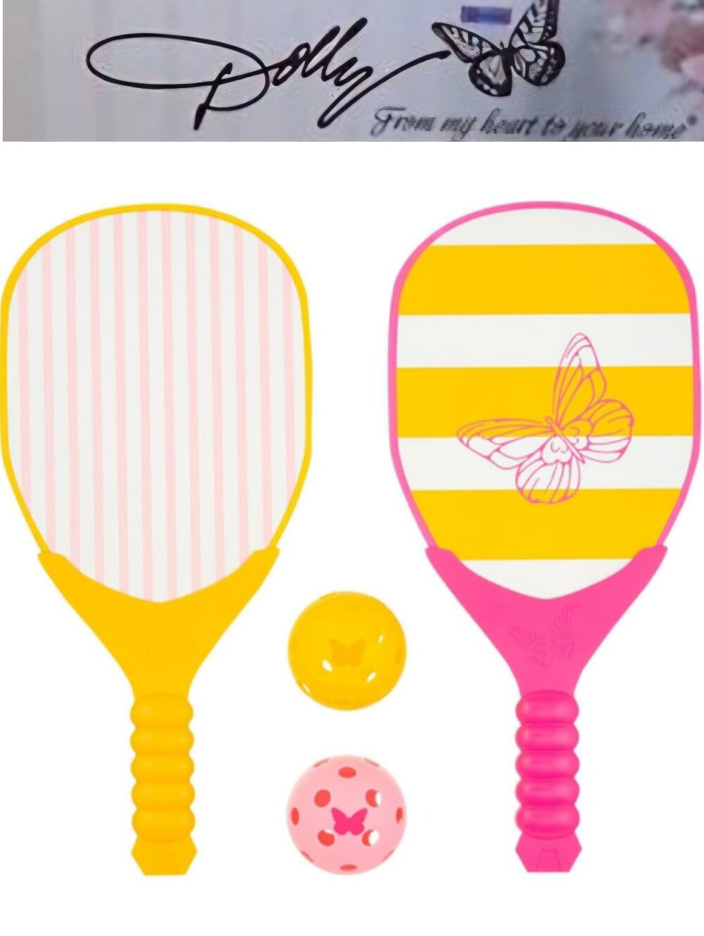 Dolly Parton Summer Butterfly Paddle Ball Game Set - Pink & Yellow
